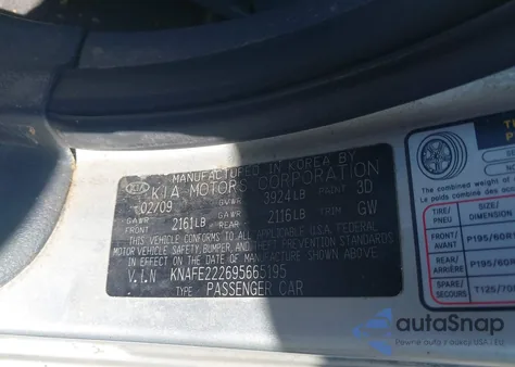 2009 Kia Spectra Ex z USA, uszkodzony, nr VIN KNAFE222695665195